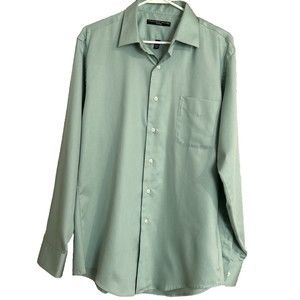 Geoffrey Beene Mens Wrinkle Free Green Button Down Dress Shirt Sz L 16 34/35